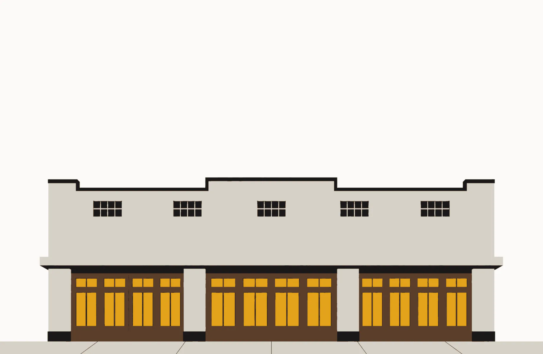 Illustration: the preserved garage front on Addison Street, its doors lit